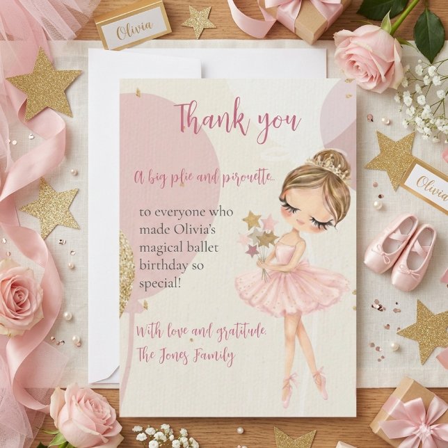 Ballerina Pink Ballet Dancer Girl Birthday Thank You Card (Creator Uploaded)