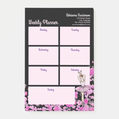 Ballerina Pink Dress Hearts Black Weekly Planner P Post_it Notes