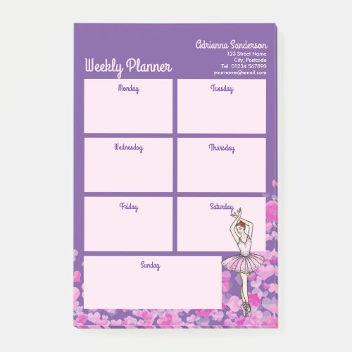Ballerina Pink Dress Hearts Black Weekly Planner Post_it Notes