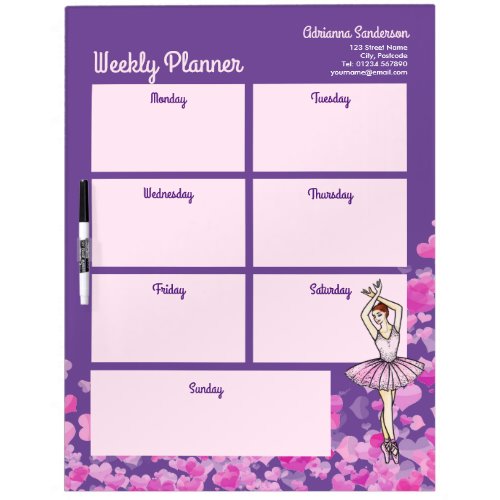 Ballerina Pink Dress Hearts Purple Weekly Planner Dry Erase Board