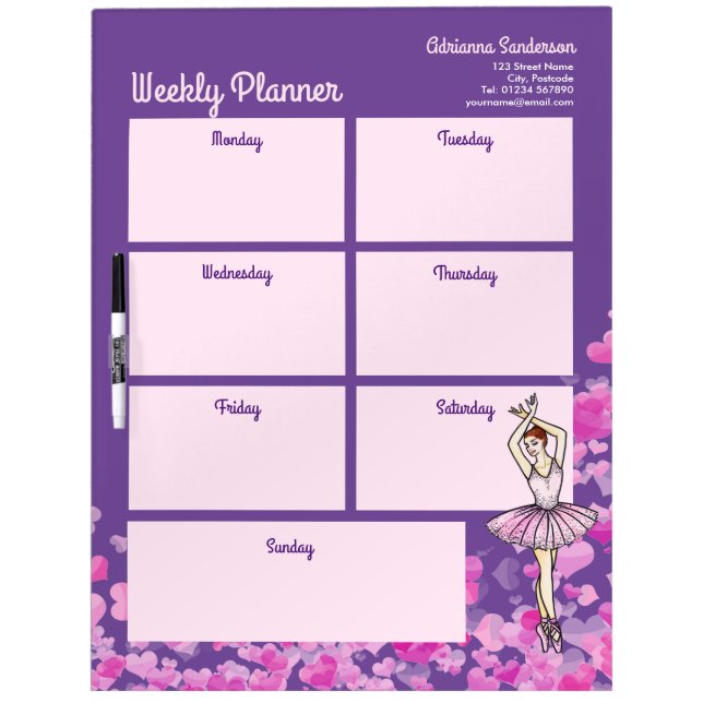 Ballerina Pink Dress Hearts Purple Weekly Planner Dry Erase Board (Front)