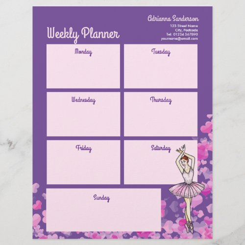 Ballerina Pink Dress Hearts Purple Weekly Planner Letterhead