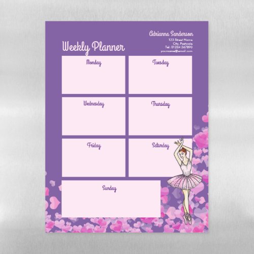 Ballerina Pink Dress Hearts Purple Weekly Planner Magnetic Dry Erase Sheet
