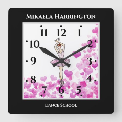 Ballerina Pink Dress on Hearts Pattern Background Square Wall Clock