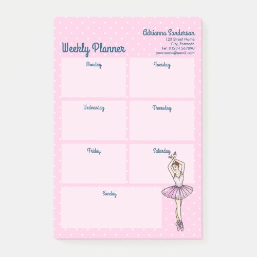 Ballerina Pink Dress Polka Dots Weekly Planner Post_it Notes