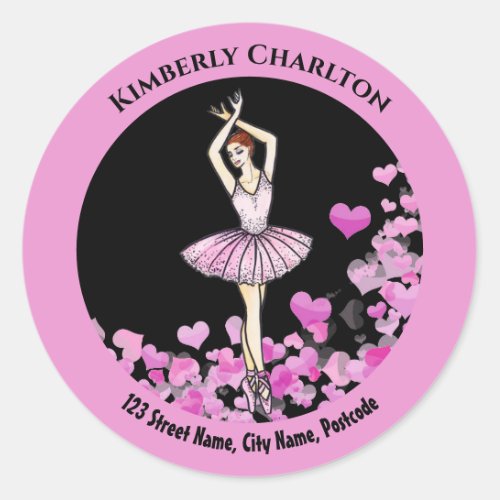 Ballerina Pink Dress with Hearts Black Background Classic Round Sticker