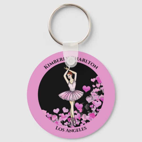 Ballerina Pink Dress with Hearts Black Background Keychain