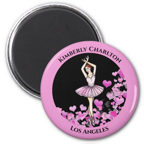 Ballerina Pink Dress with Hearts Black Background Magnet