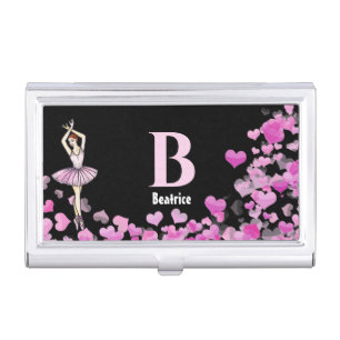 Ballerina Pink Dress with Hearts Black Monogram Business Card Case