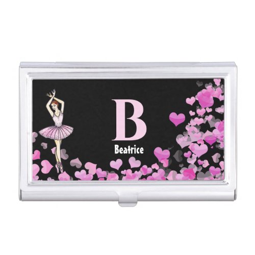 Ballerina Pink Dress with Hearts Black Monogram Business Card Case