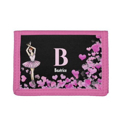 Ballerina Pink Dress with Hearts Black Monogram Trifold Wallet