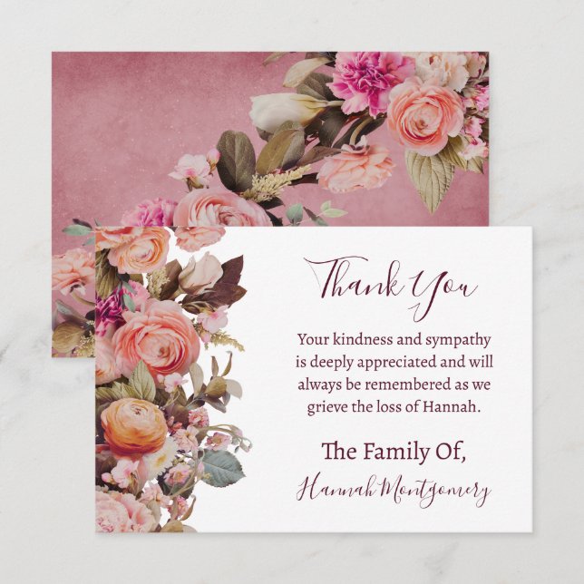 Ballerina Pink Floral Funeral Sympathy Thank You Note Card (Front/Back)