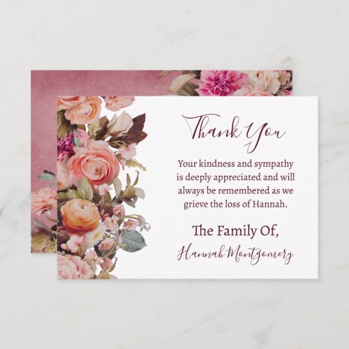 Ballerina Pink Floral Funeral Sympathy Thank You Note Card