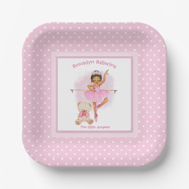 Ballerina pink floral white polka dots paper plates (Front)