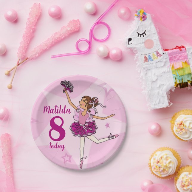 Ballerina pink girl 8th birthday personalized name paper plates (Party)