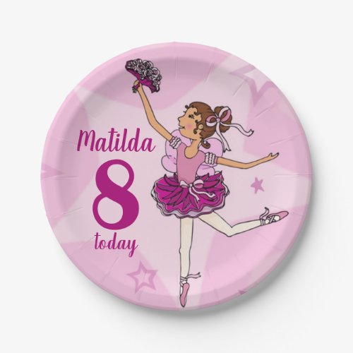 Ballerina pink girl 8th birthday personalized name paper plates