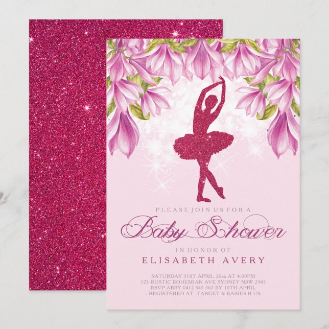 Ballerina Pink Glitter Baby Shower Invitation (Front/Back)