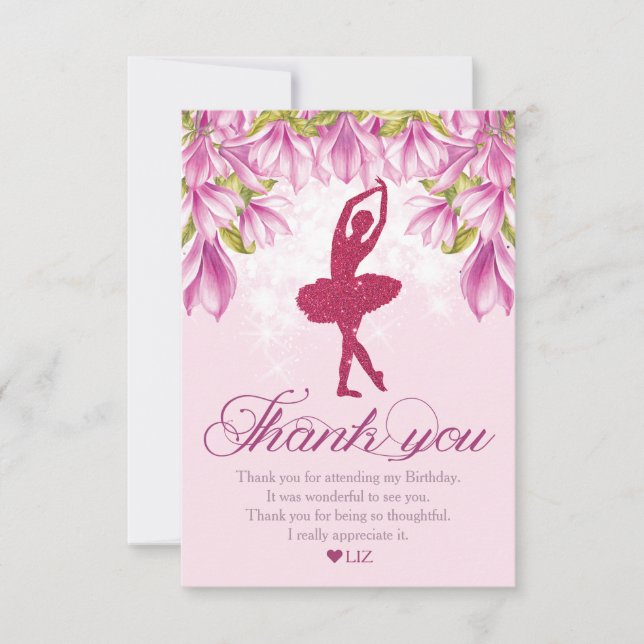 Ballerina Pink Glitter Birthday Thank You Card (Front)