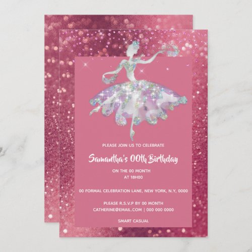 Ballerina pink glitter shiny girls birthday party invitation
