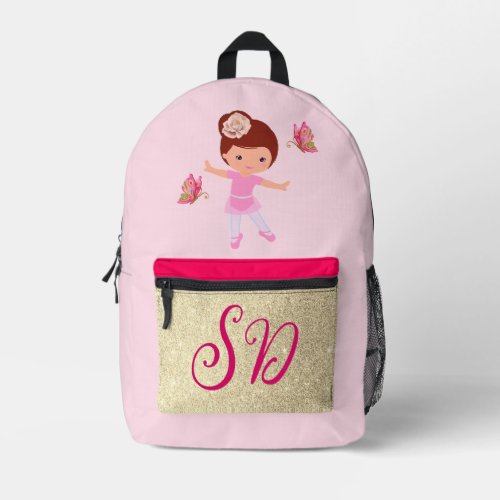 Ballerina Pink Gold Butterfly Friend Monogrammed Printed Backpack