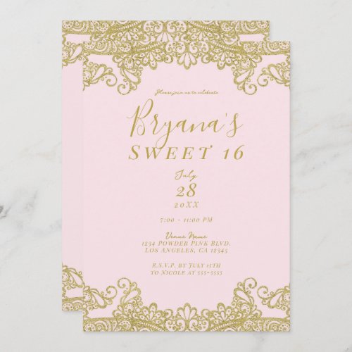 Ballerina Pink  Gold Glitter Lace Sweet 16 Party Invitation