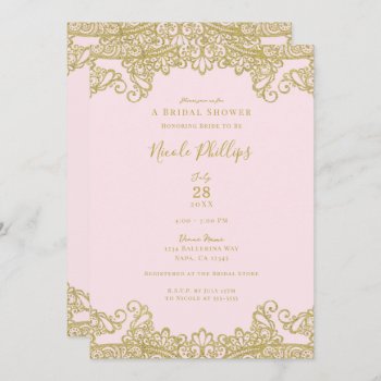 Ballerina Pink & Gold Lace Elegant Bridal Shower   Invitation by printabledigidesigns at Zazzle