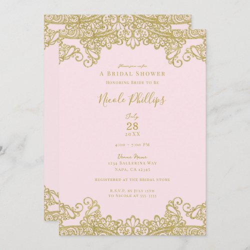 Ballerina Pink  Gold Lace Elegant Bridal Shower   Invitation