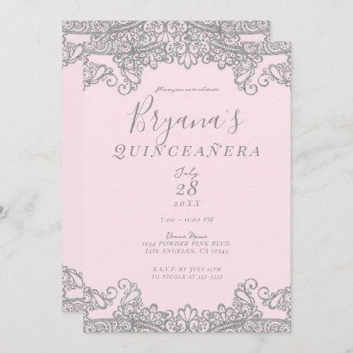 Ballerina Pink Silver Glitter Lace Quinceaera    Invitation