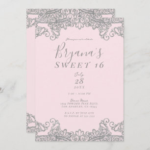 Ballerina Pink Silver Glitter Lace Sweet 16 Party Invitation