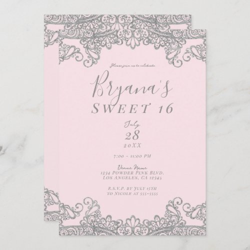 Ballerina Pink Silver Glitter Lace Sweet 16 Party  Invitation