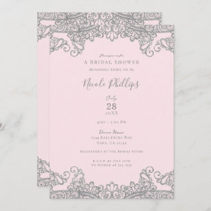 Ballerina Pink Silver Lace Elegant Bridal Shower Invitation