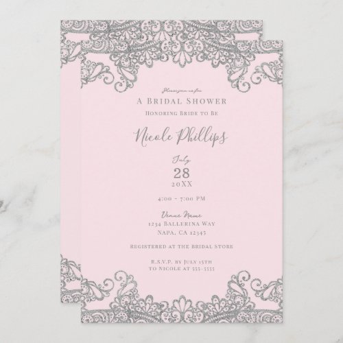 Ballerina Pink Silver Lace Elegant Bridal Shower   Invitation