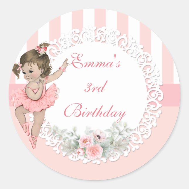 Ballerina Pink Tutu Stripes Flowers Classic Round Sticker (Front)