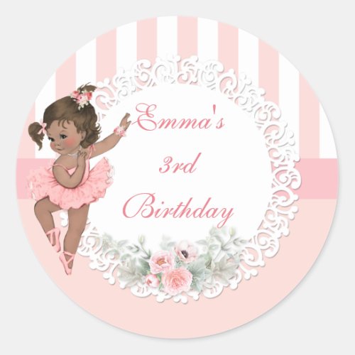 Ballerina Pink Tutu Stripes Flowers Classic Round Sticker