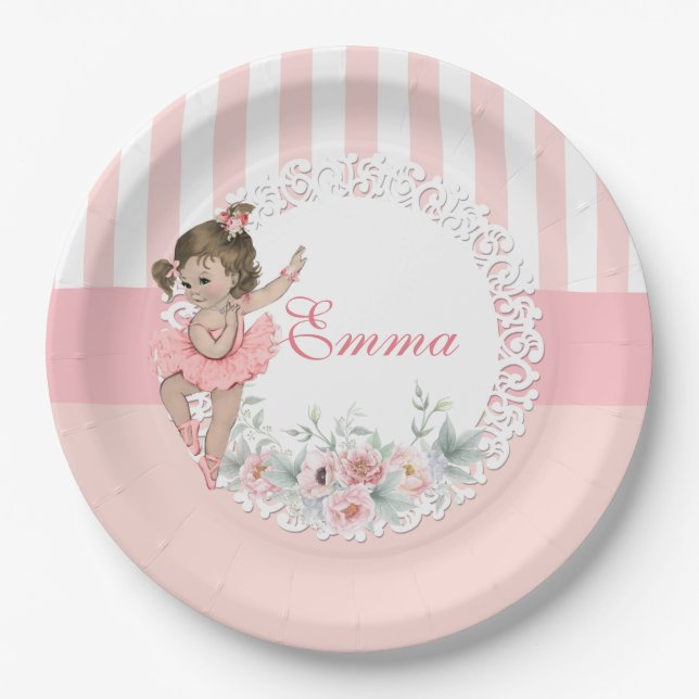 Ballerina Pink Tutu Stripes Flowers Lace Paper Plates (Front)