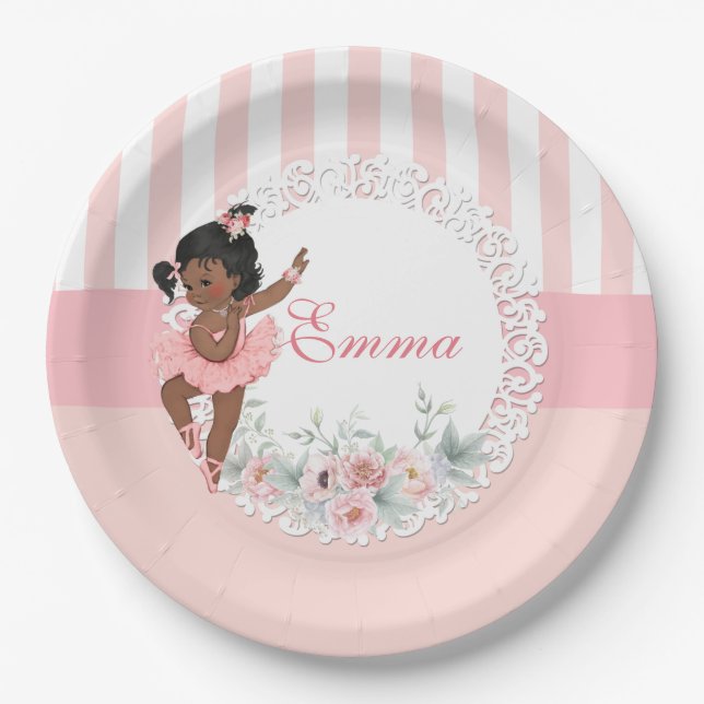 Ballerina Pink Tutu Stripes Flowers Lace Paper Plates (Front)