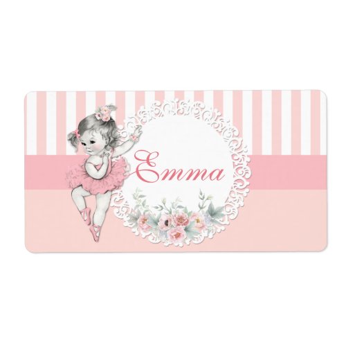 Ballerina Pink Tutu Stripes Flowers Water Bottle Label