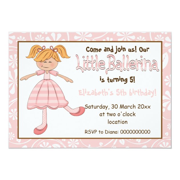 Ballerina Pink, White Floral Pattern Kids Birthday Invitation