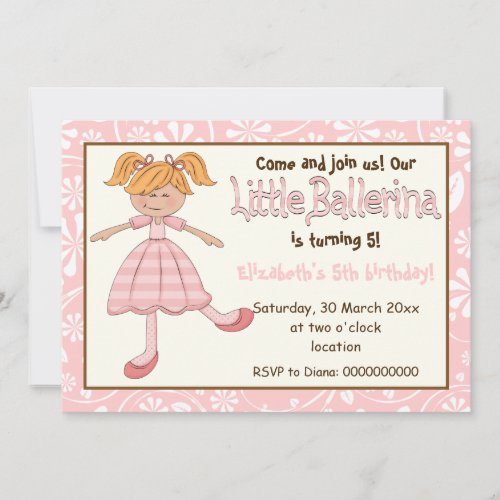 Ballerina pink white floral pattern kids birthday invitation