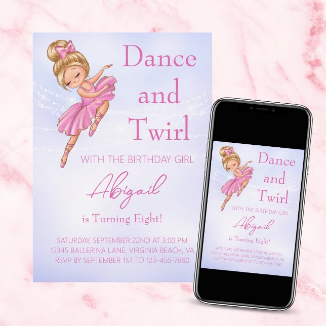 Ballerina Pretty Pink, Purple Ballet Dance Party Invitation (Creator Uploaded)