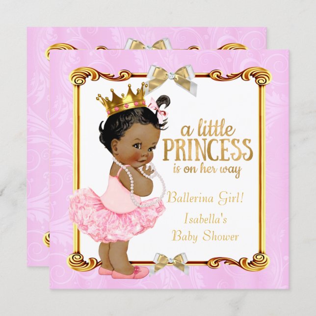 Ballerina Princess Baby Shower Pink Gold Ethnic Invitation (Front/Back)