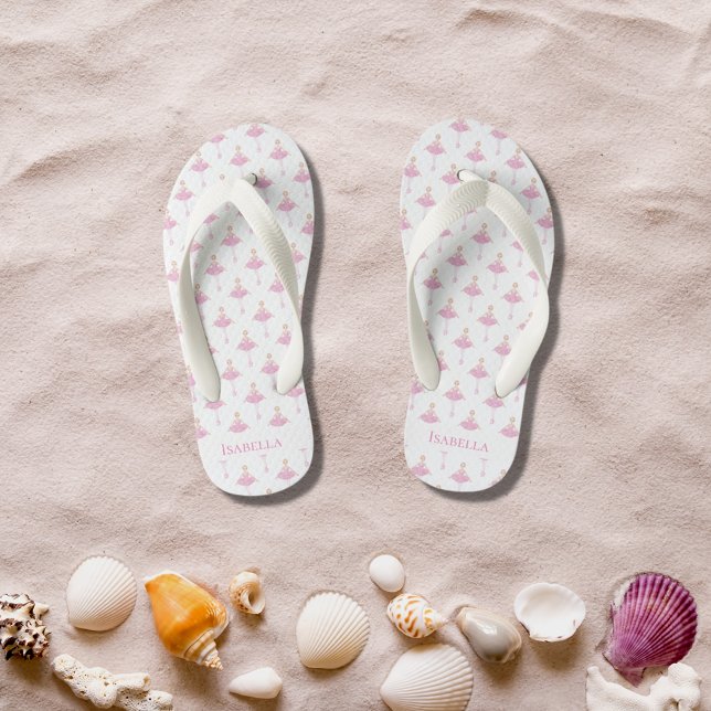 Ballerina princess dancer pink white girl monogram kid's flip flops (Creator Uploaded)