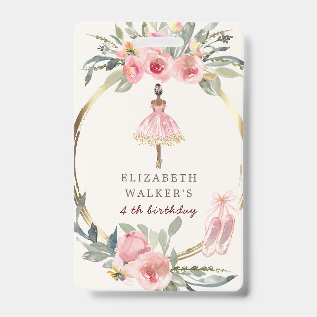 ballerina princess floral blush birthday party badge (Front)