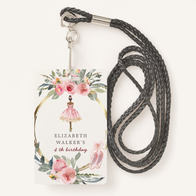 ballerina princess floral blush birthday party badge (Front with Lanyard)