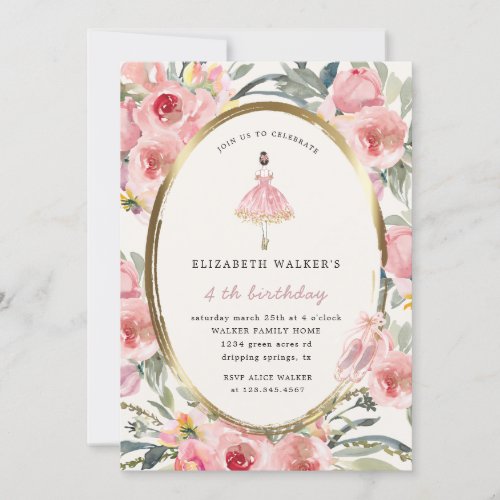 ballerina princess floral blush birthday party invitation