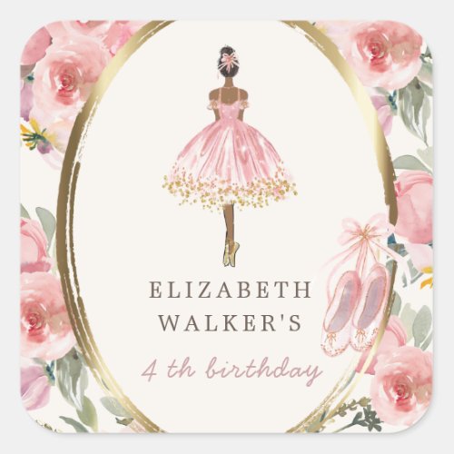 ballerina princess floral blush birthday party  sq square sticker