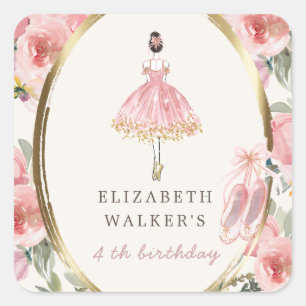 ballerina princess floral blush birthday party square sticker