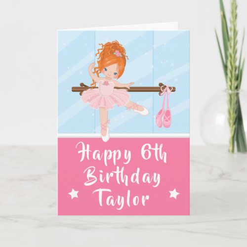 Ballerina Red Hair Girl Pink Happy Birthday Card