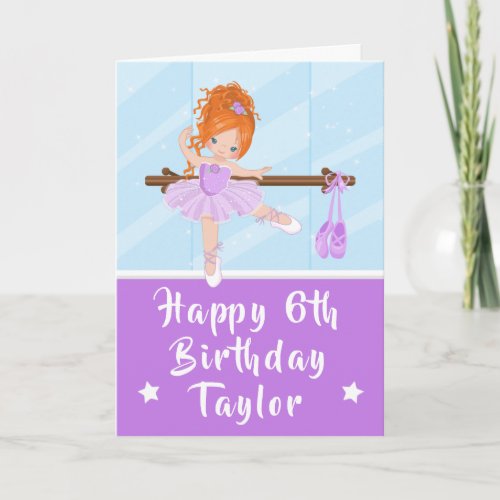 Ballerina Red Hair Girl Purple Happy Birthday Card