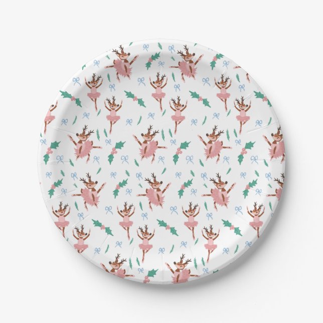 Ballerina Reindeer and Bows Christmas Paper Plates (Front)